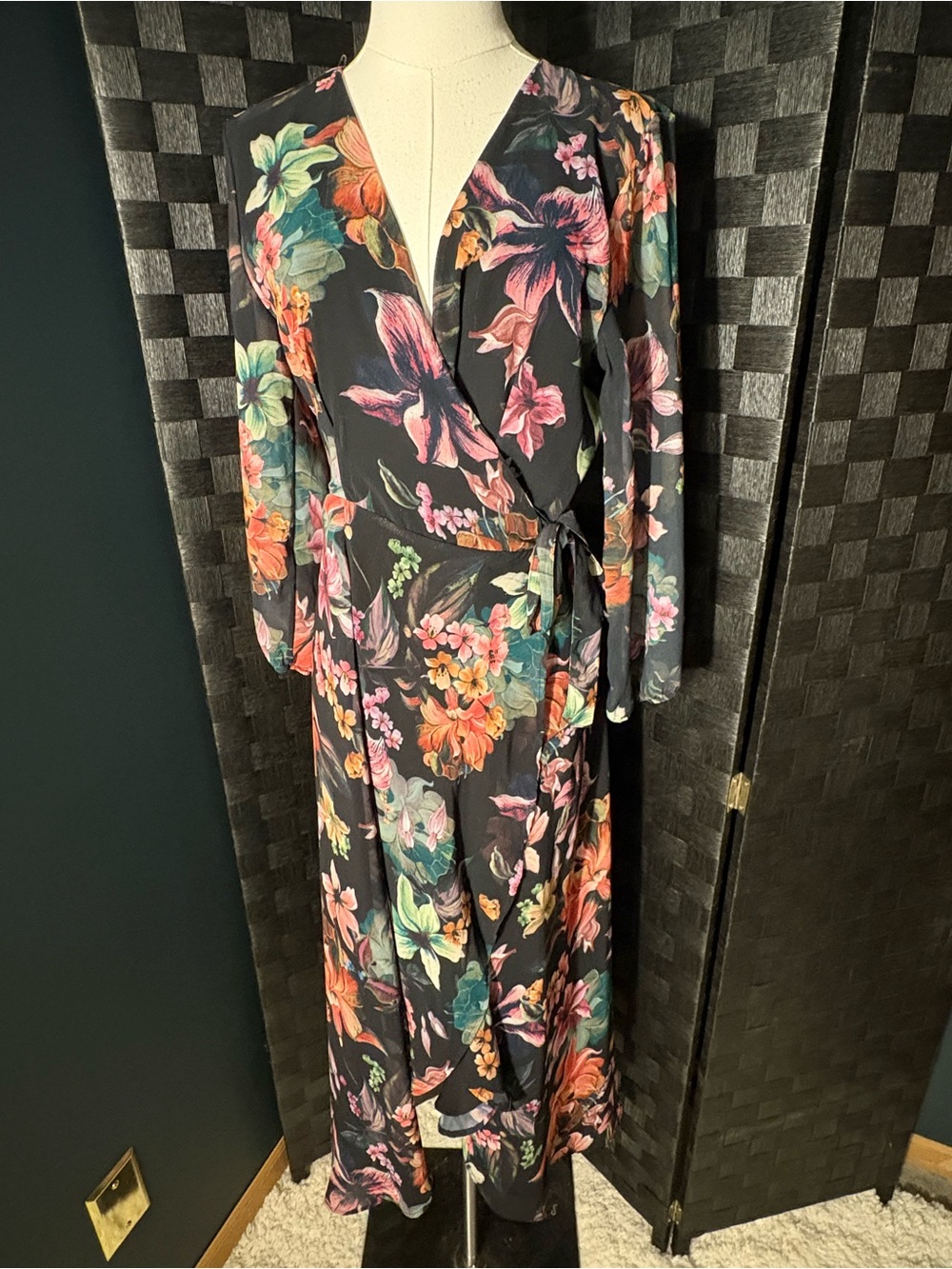 Sweet Pea by Stacy Frati Floral Wrap Maxi Dress Black Tropical Sheer Sleeves